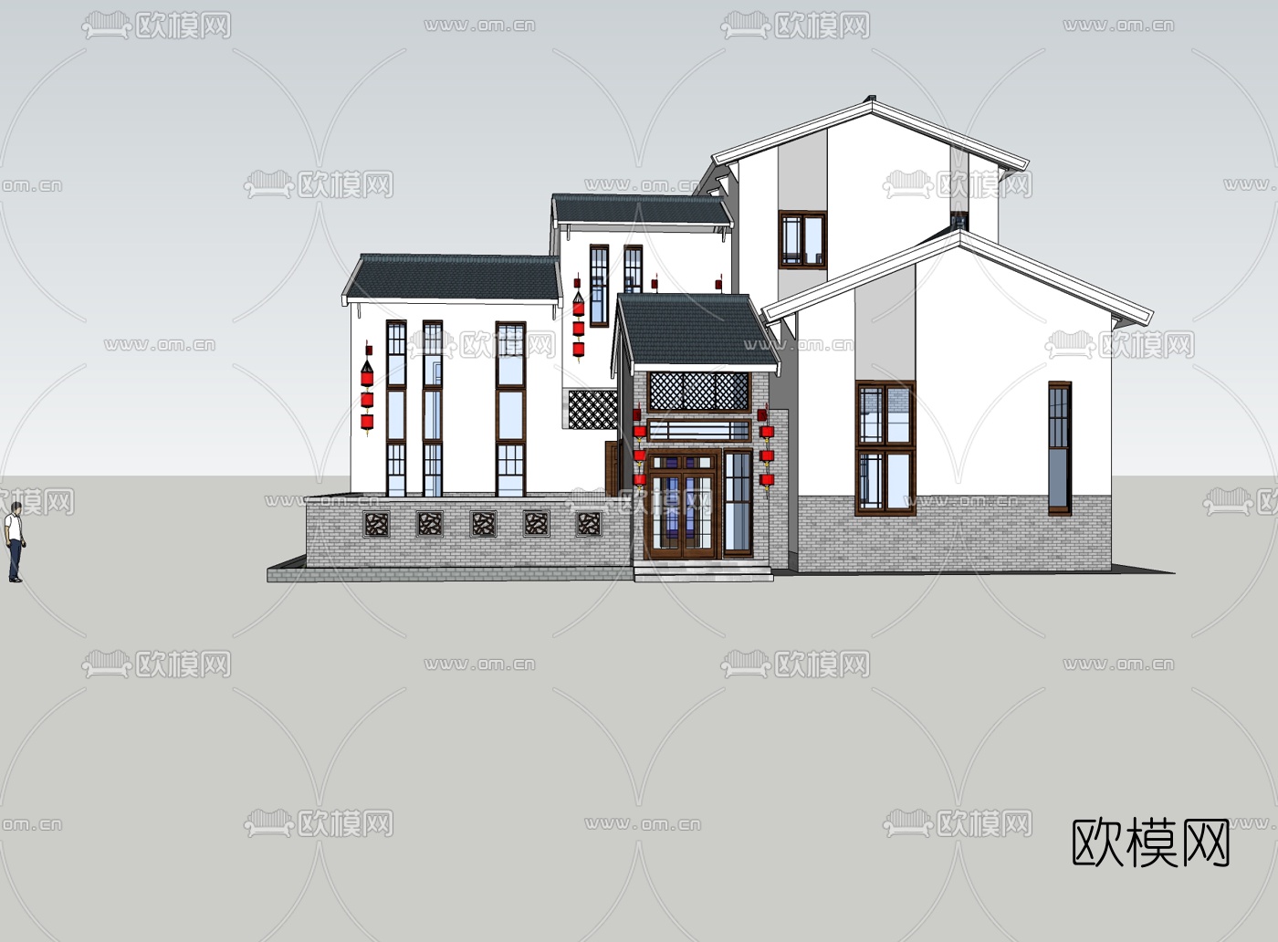 中式别墅外观免费su模型下载