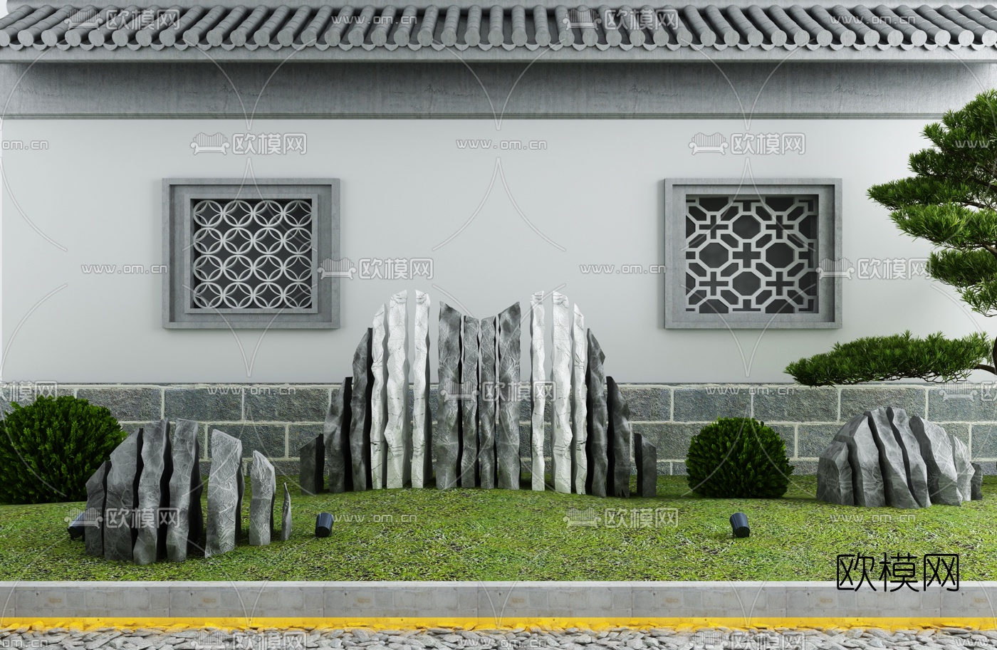 新中式庭院枯山松树3d模型下载