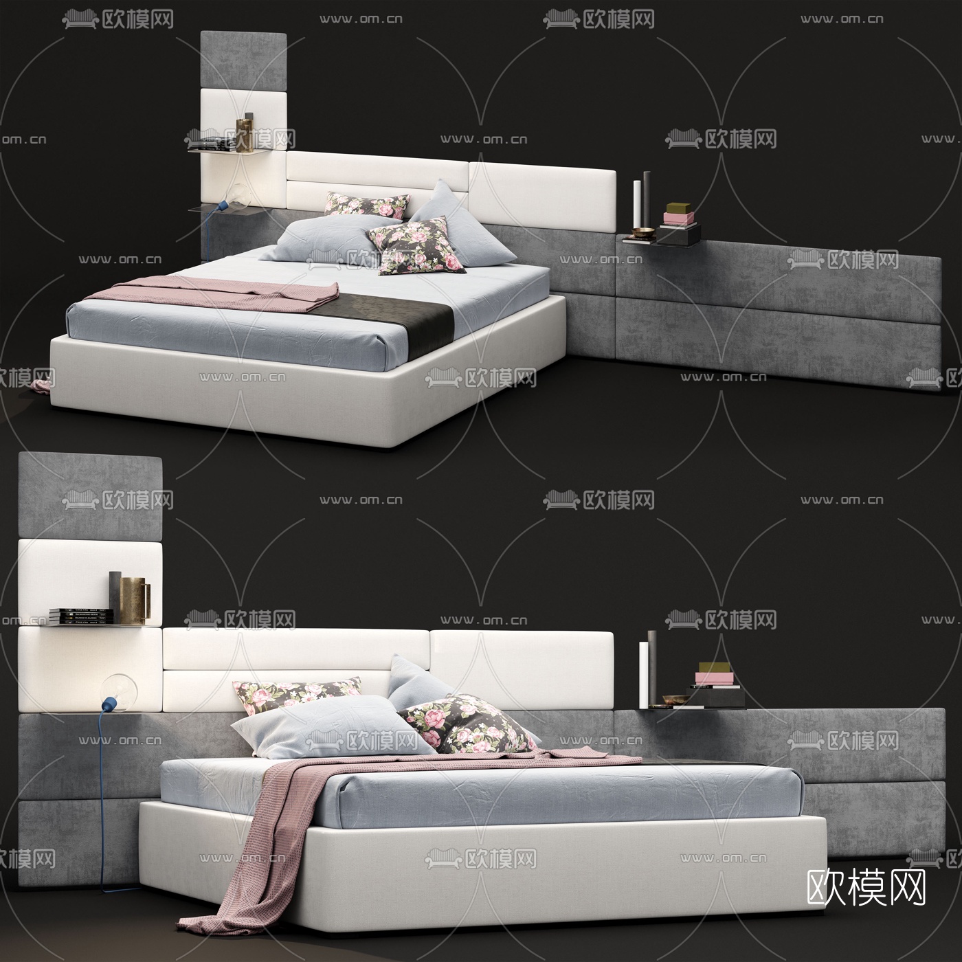 现代布艺双人床3d模型下载（渲染图1）