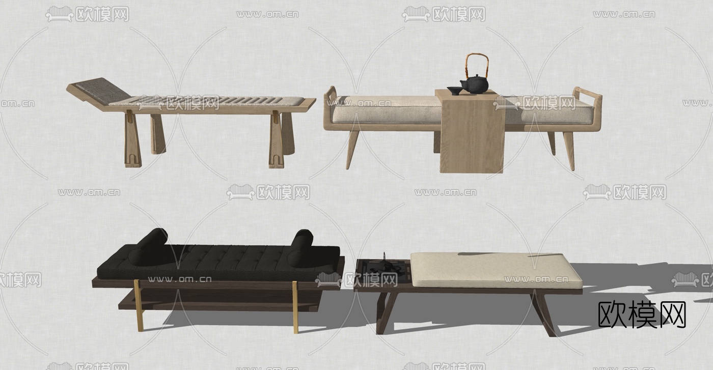 新中式布艺床尾凳脚踏su模型下载（渲染图2）