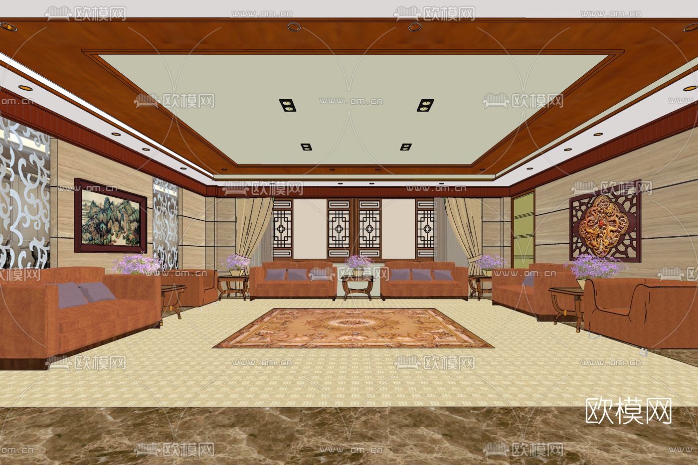 新中式会议大厅免费su模型下载