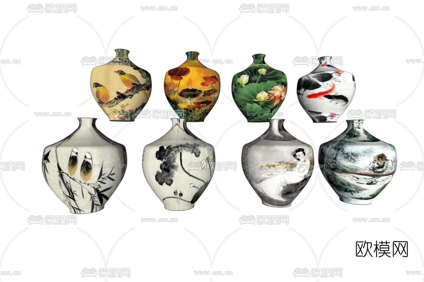 中式印花陶瓷瓷罐组合免费su模型下载