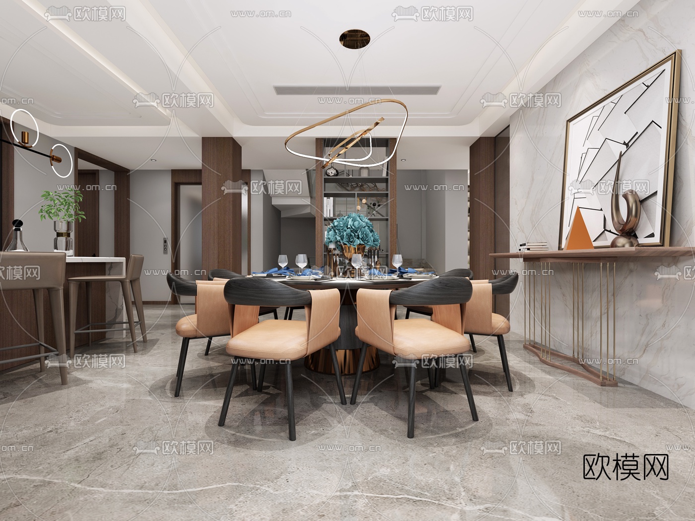 现代轻奢客厅餐厅3d模型