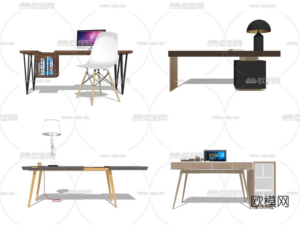 北欧原木电脑桌组合su模型下载