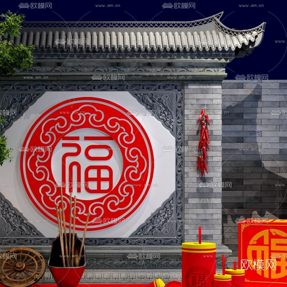 中式新春民俗美陈3d模型下载(渲染图2)
