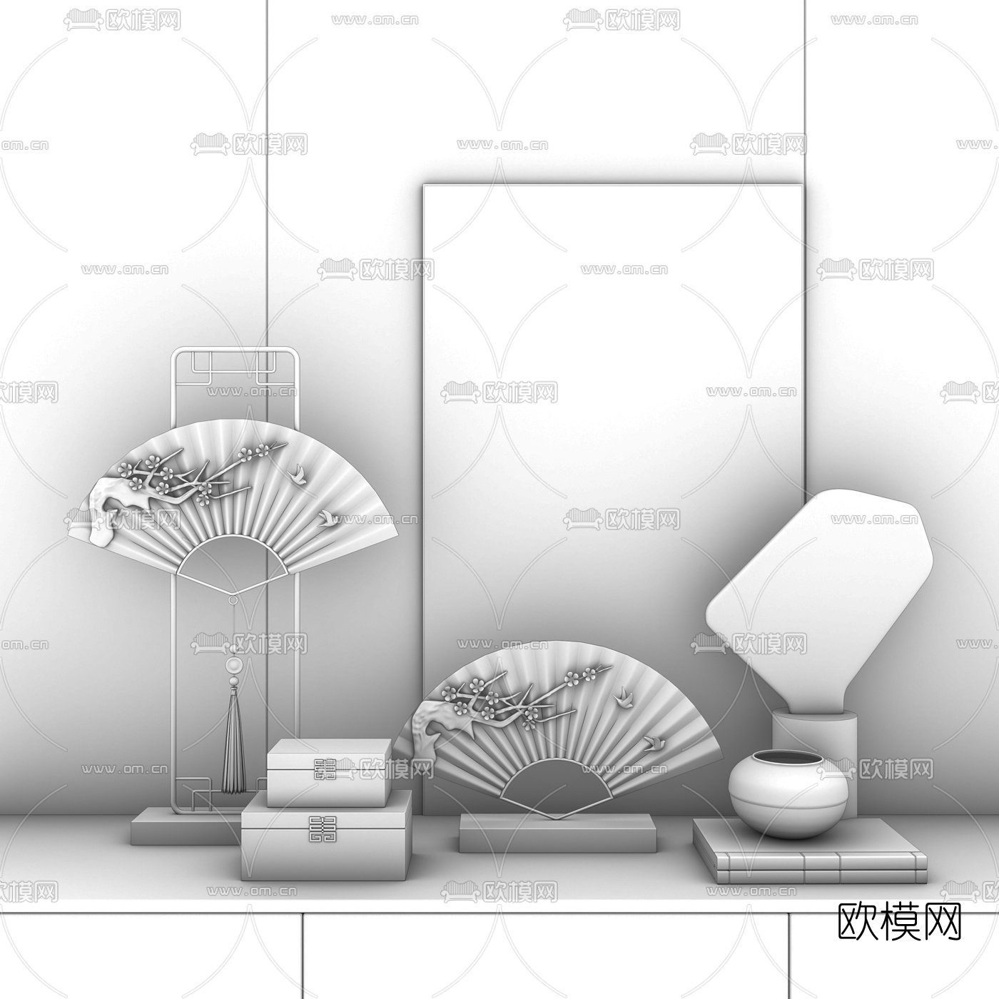 新中式书籍扇子摆件组合3d模型