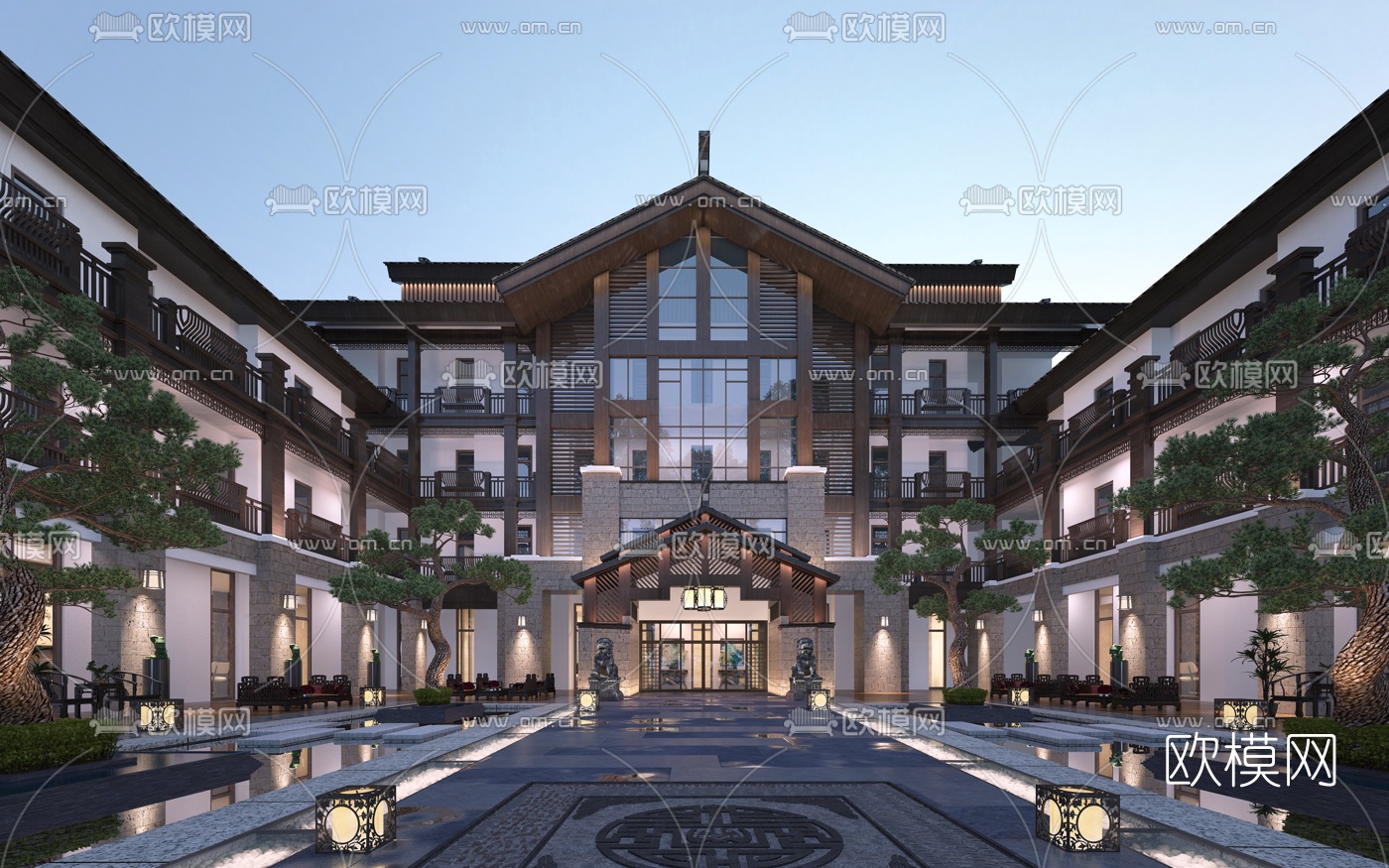 新中式夜景度假酒店建筑外观3d模型下载