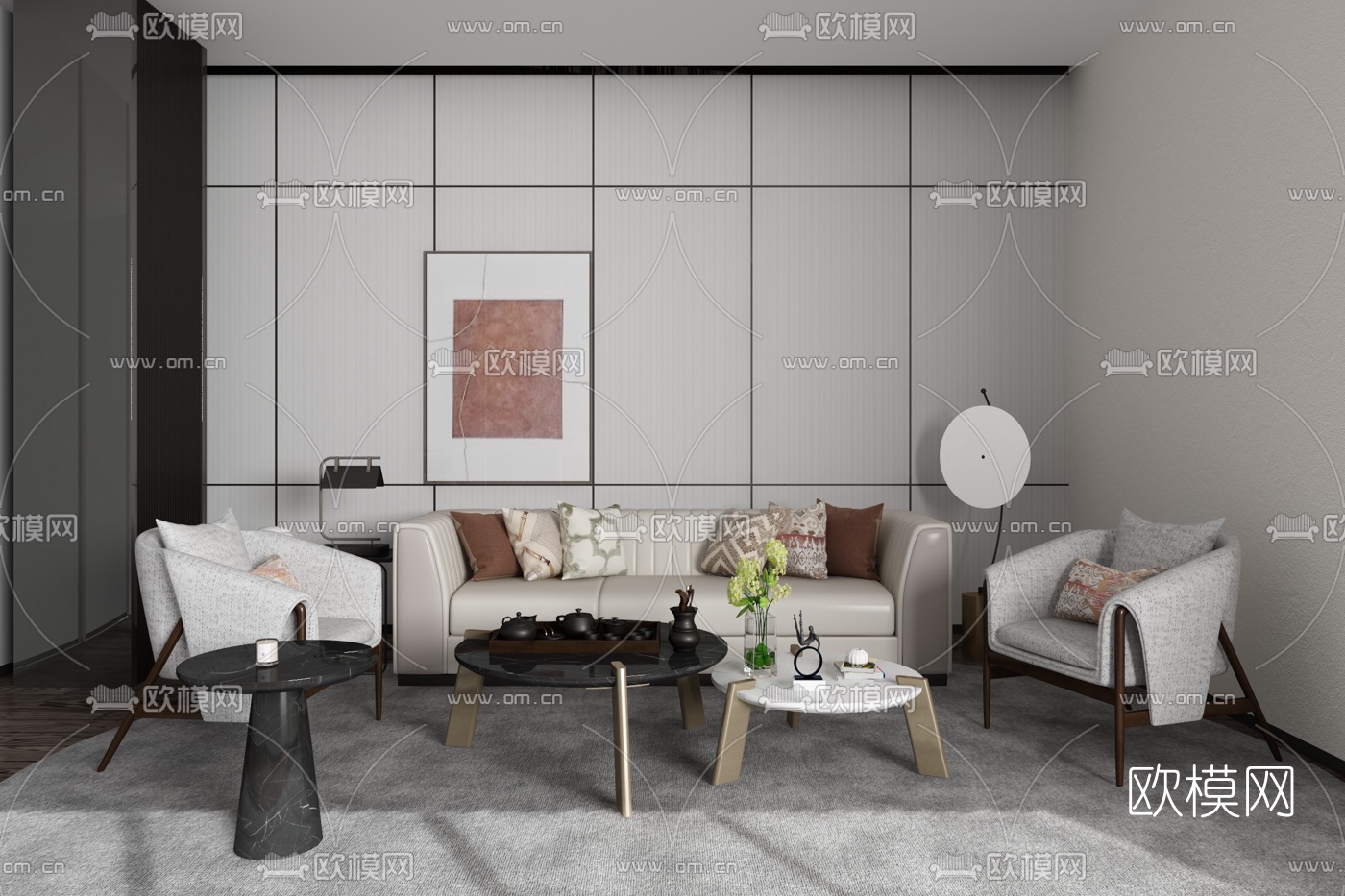 HWCD设计 现代皮革沙发组合3d模型-免费3dmax模型库-欧模网