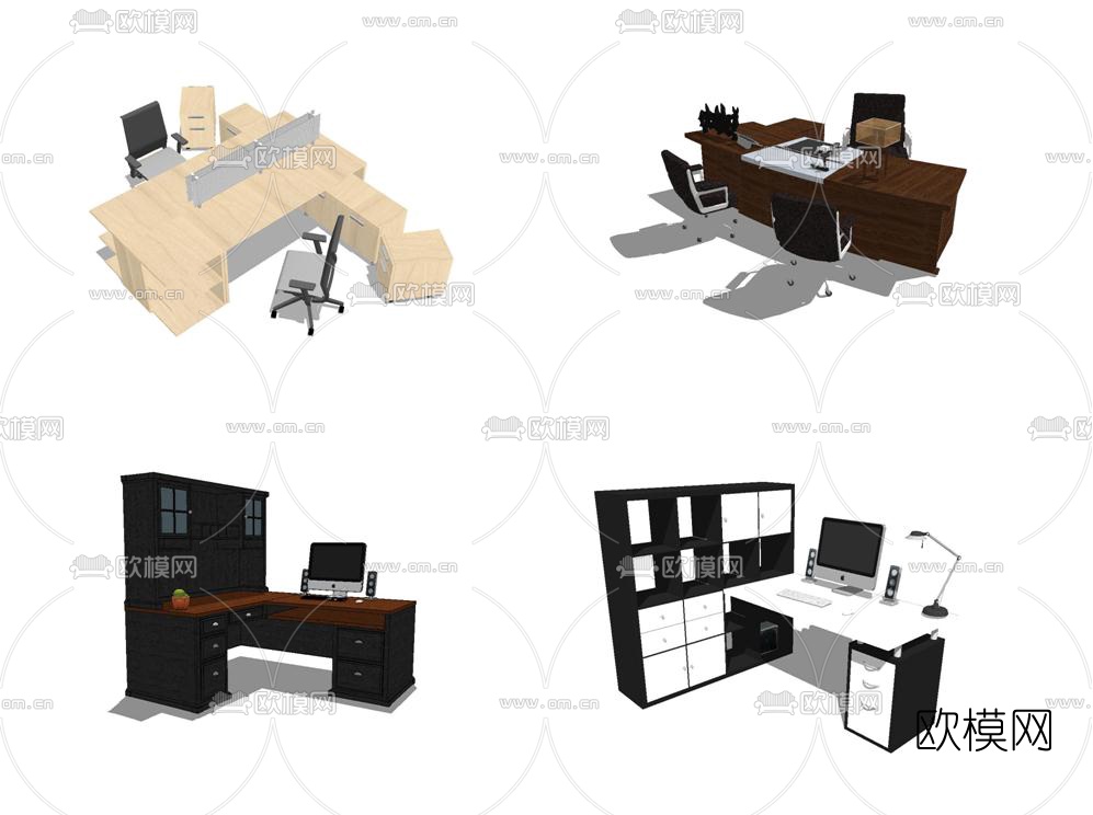 现代大班台办公桌su模型下载