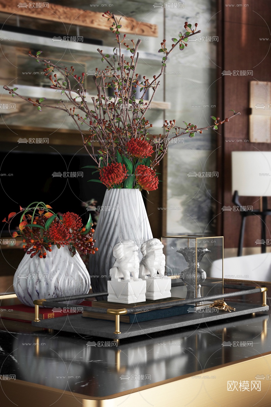 大都荟空间设计 新中式花瓶摆件3d模型下载（渲染图1）
