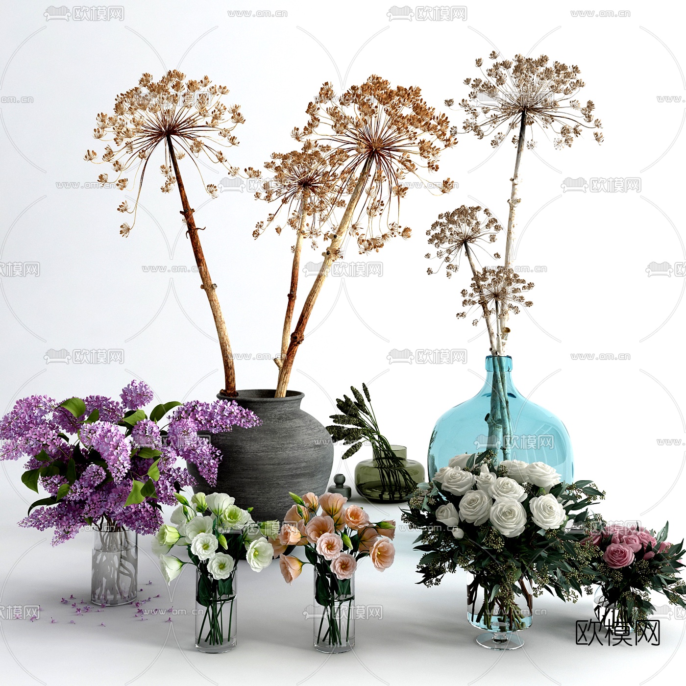 现代花瓶花卉插画组合3d模型下载