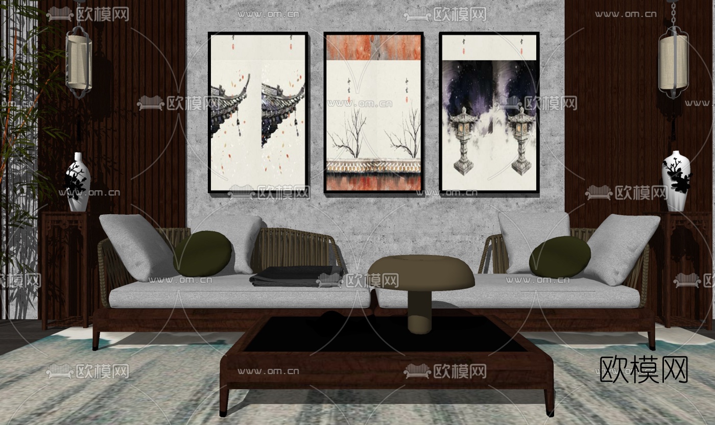 新中式布艺多人沙发su模型下载