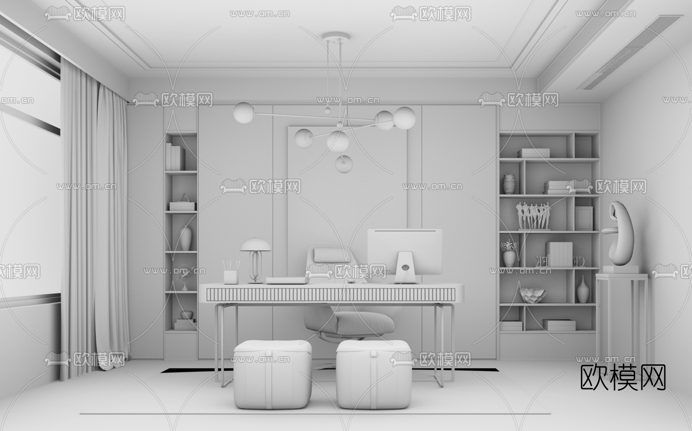 现代轻奢书房su模型