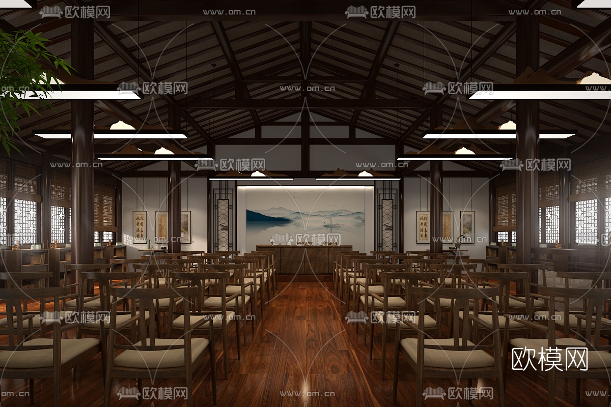 中式会议室培训室报告厅免费3d模型下载