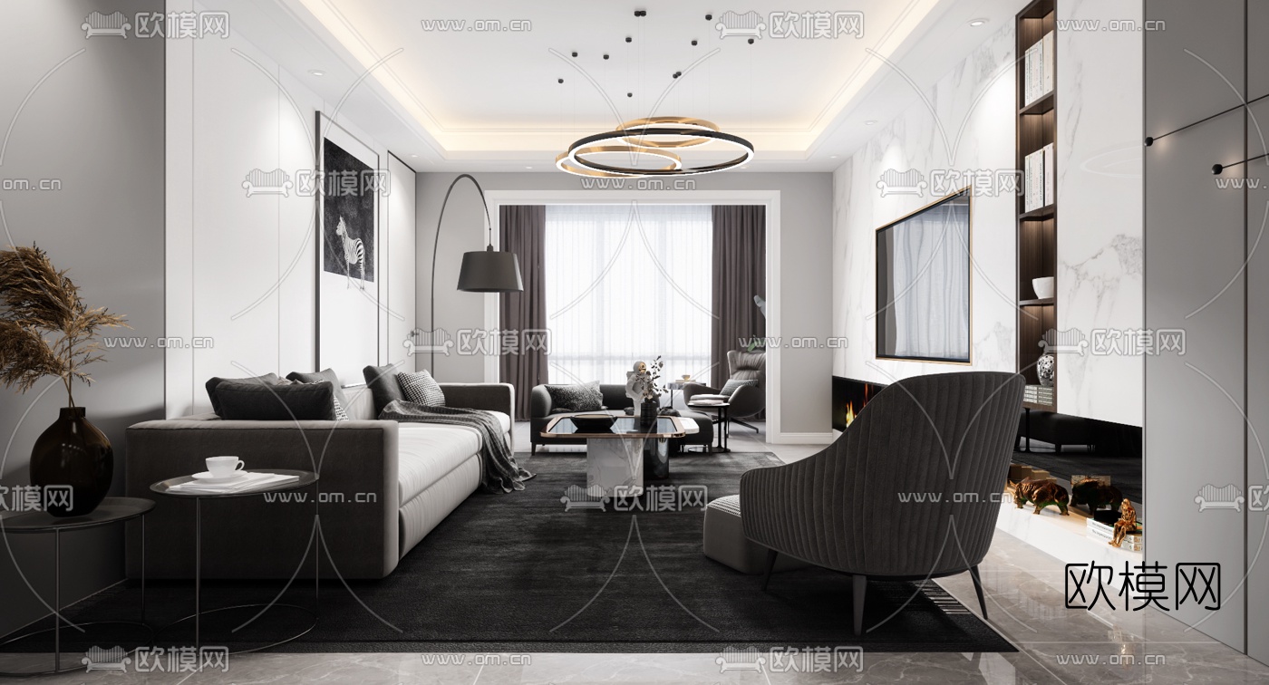 现代高级灰客厅3d模型下载（渲染图1）