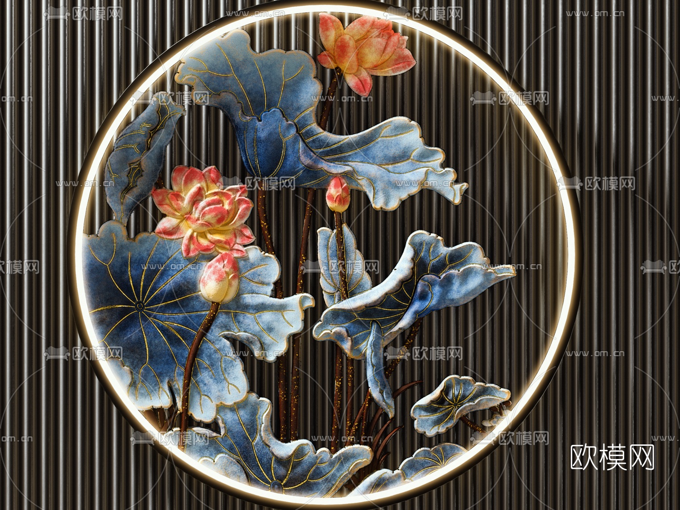 新中式荷花壁灯3d模型下载（渲染图1）