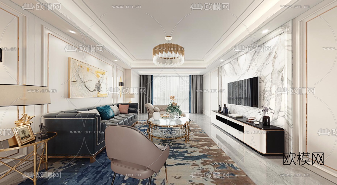 现代轻奢客厅餐厅cr全景3d模型-免费3dmax模型库-欧模网