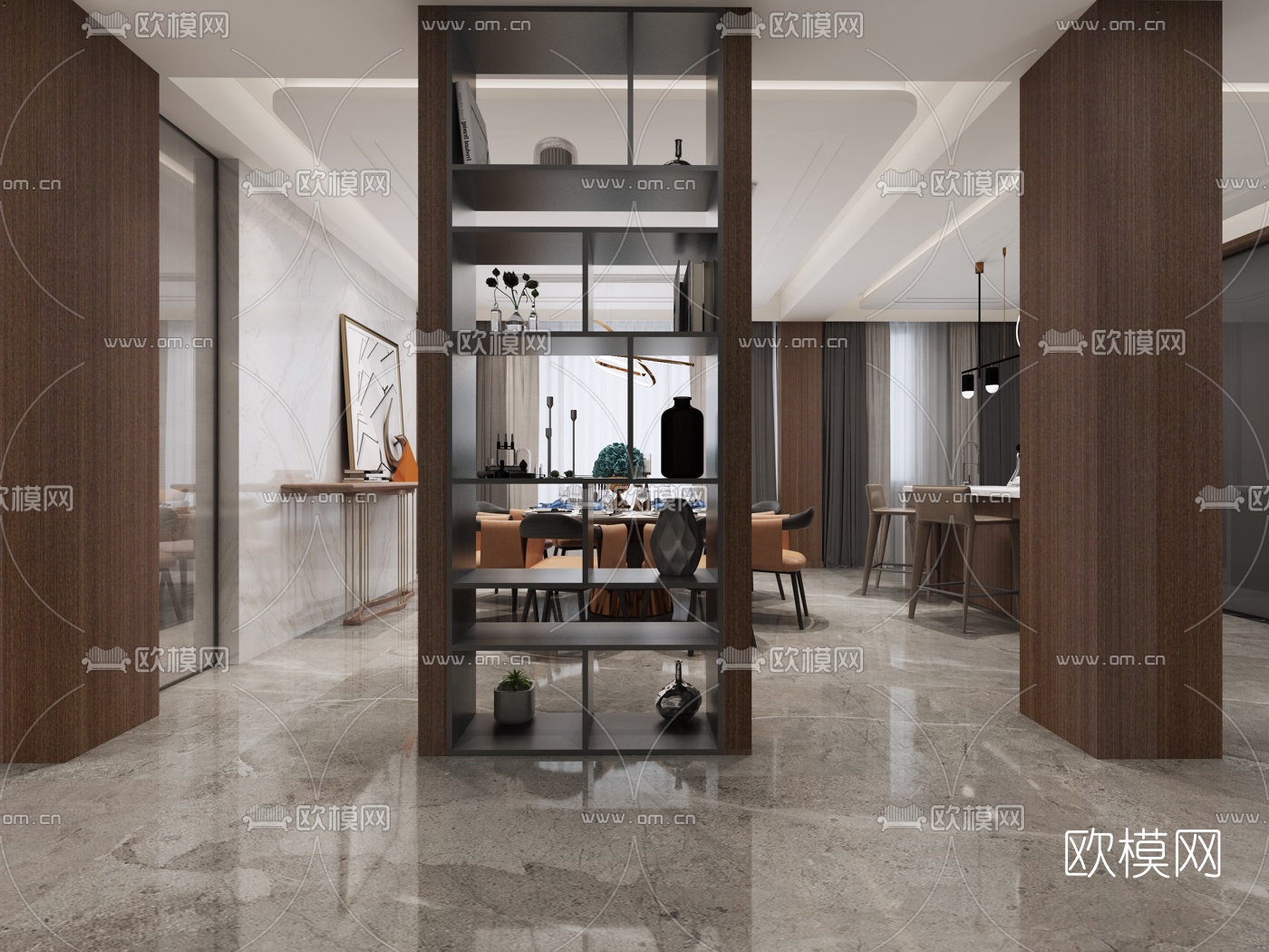 现代轻奢客厅餐厅3d模型