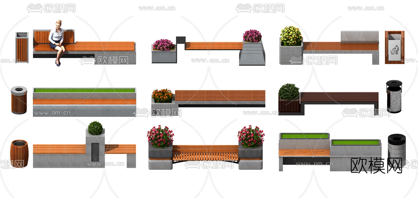 现代户外休闲长椅3d模型下载（渲染图1）