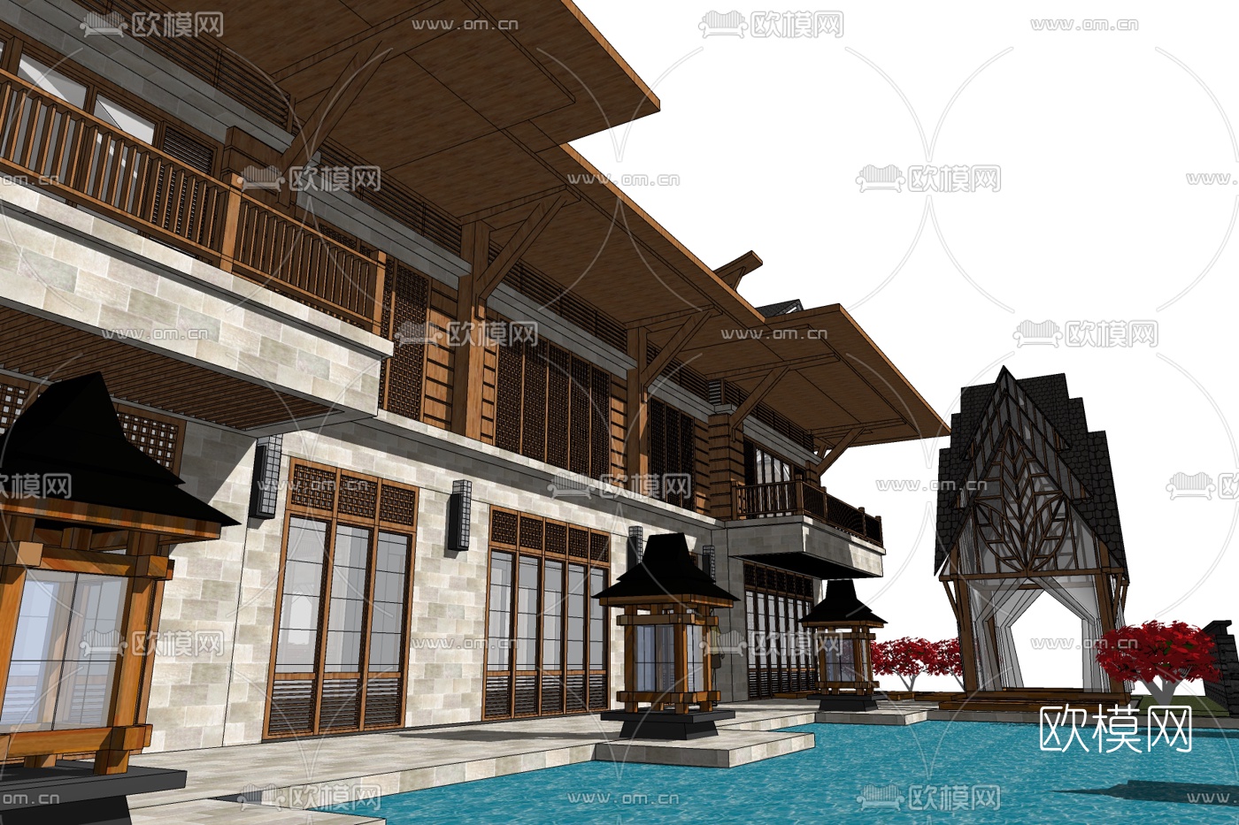 东南亚独假酒店外观免费su模型下载