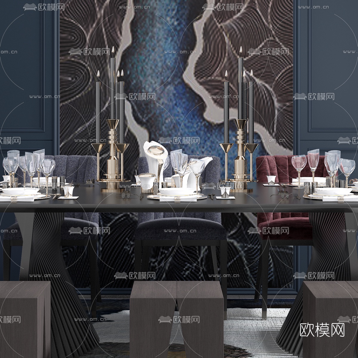 后现代条形餐桌椅3d模型