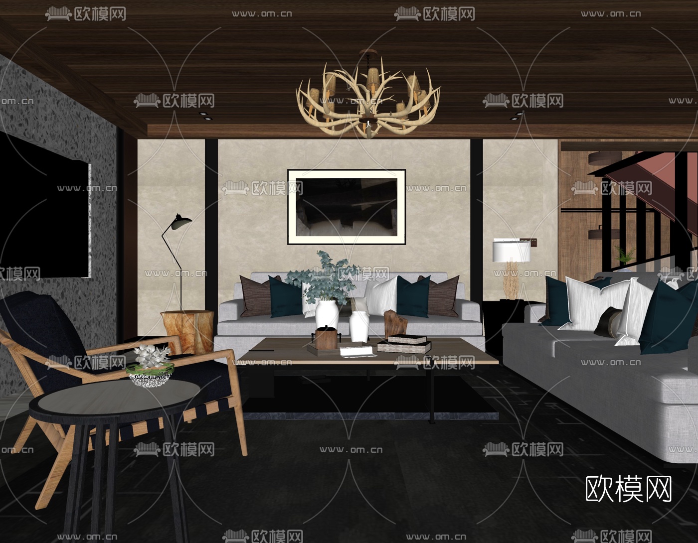 元禾大千自然风客厅su模型下载