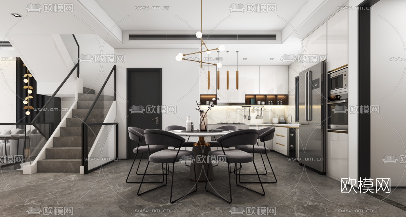 现代复式客厅餐厅3d模型