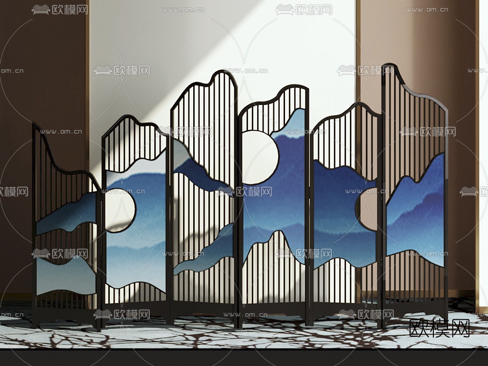新中式折叠屏风3d模型下载（渲染图1）