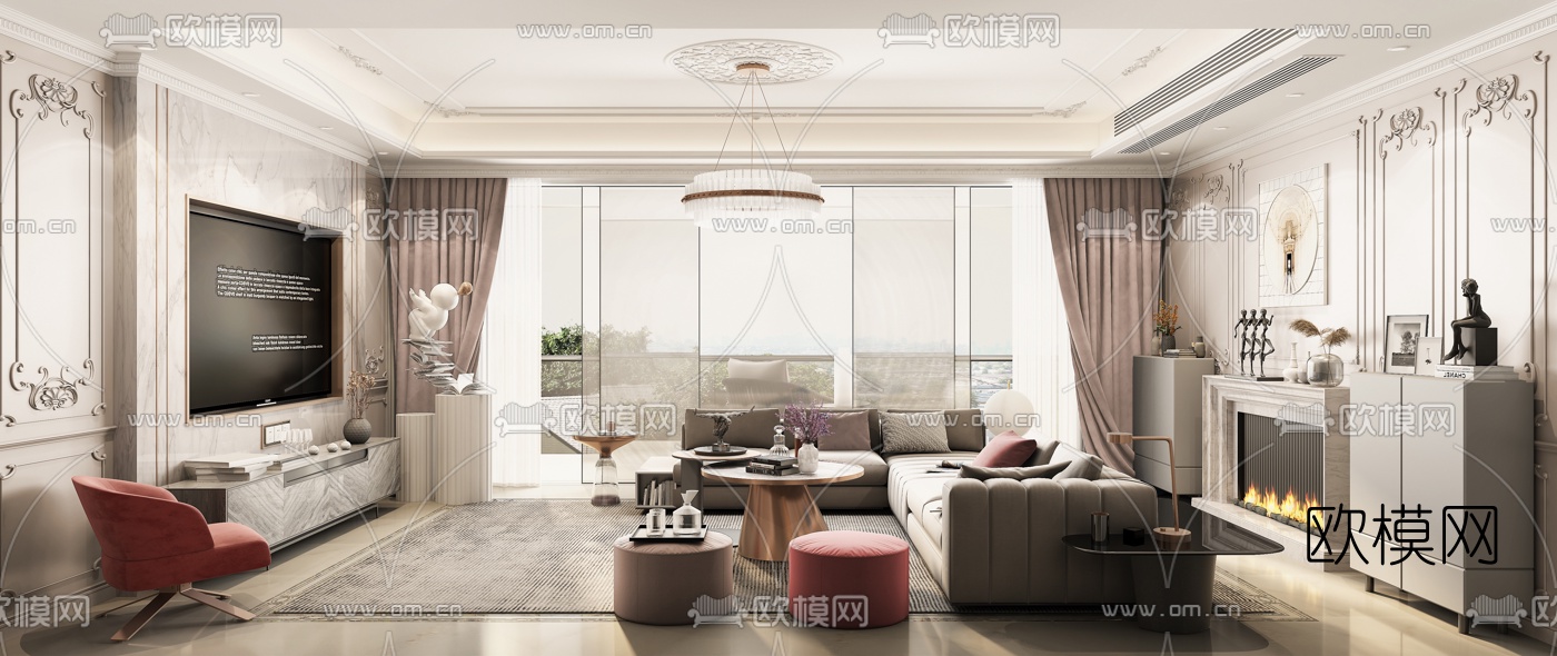 法式轻奢客厅3d模型-免费3dmax模型库-欧模网