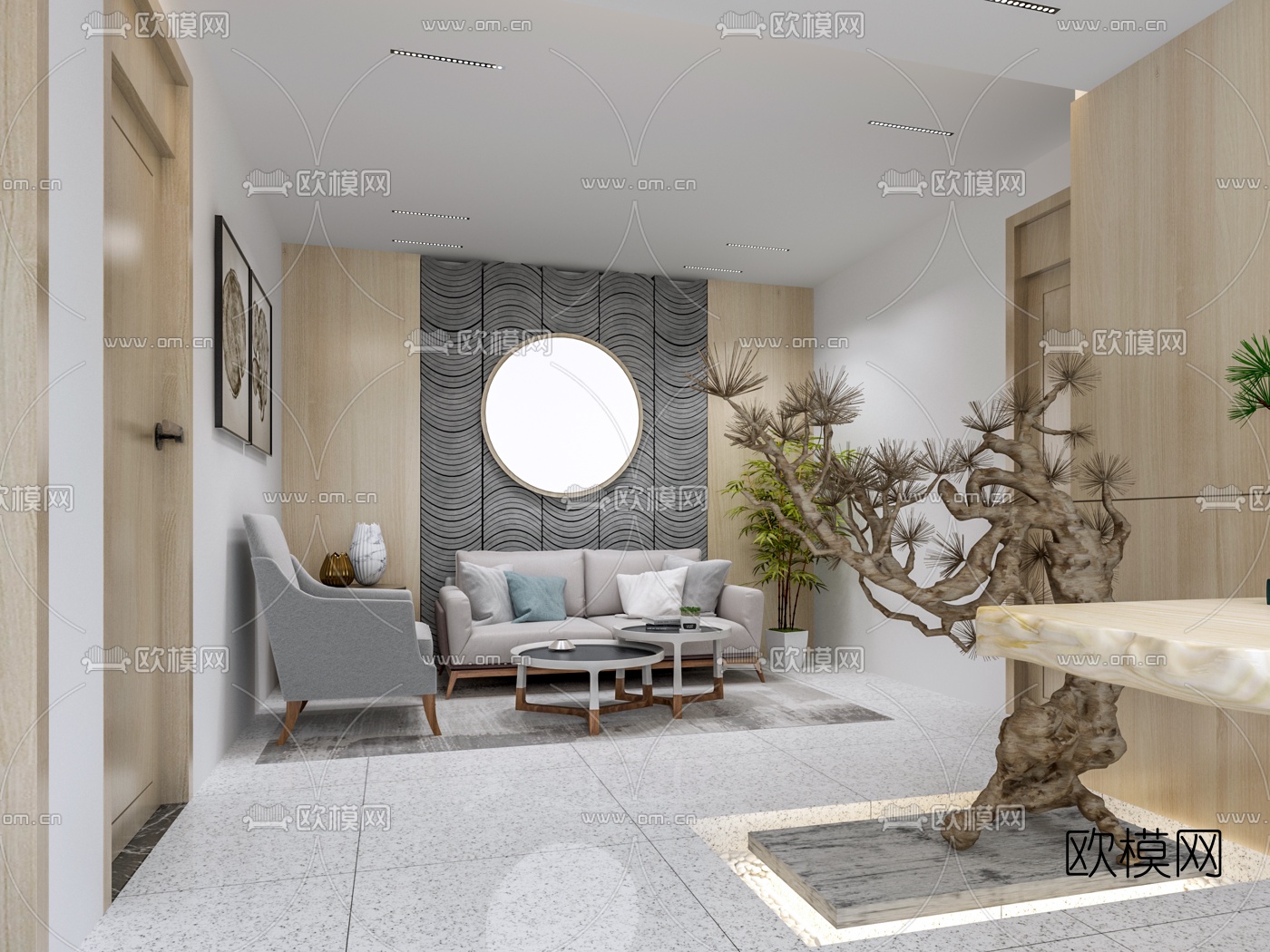 新中式茶室接待室瓦背景墙景观树免费3d模型