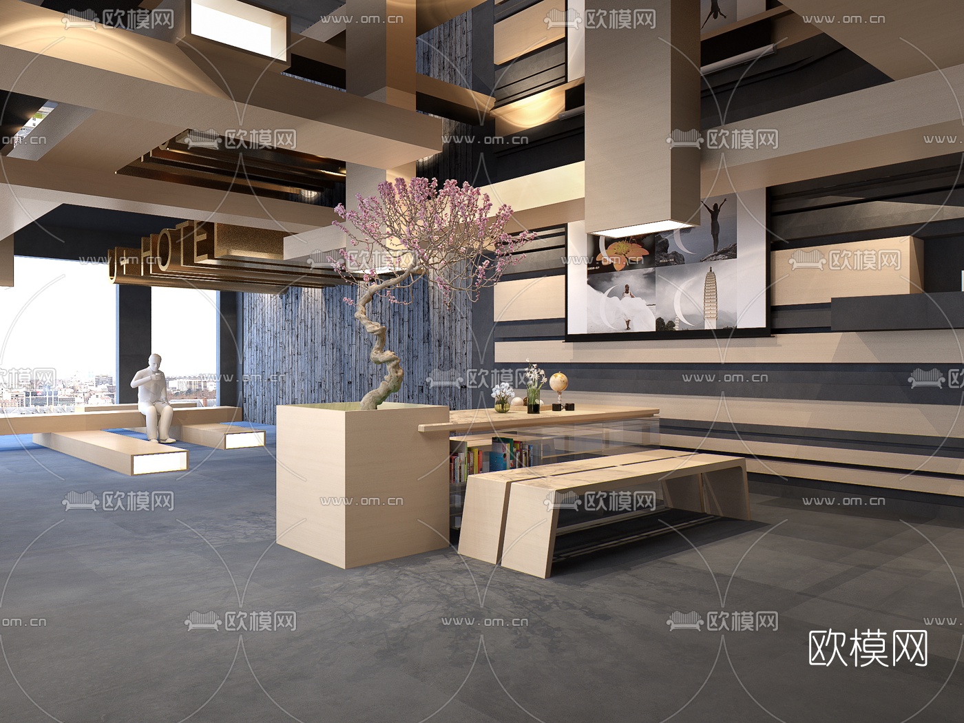 现代酒店大堂前台吧台3d模型-免费3dmax模型库-欧模网