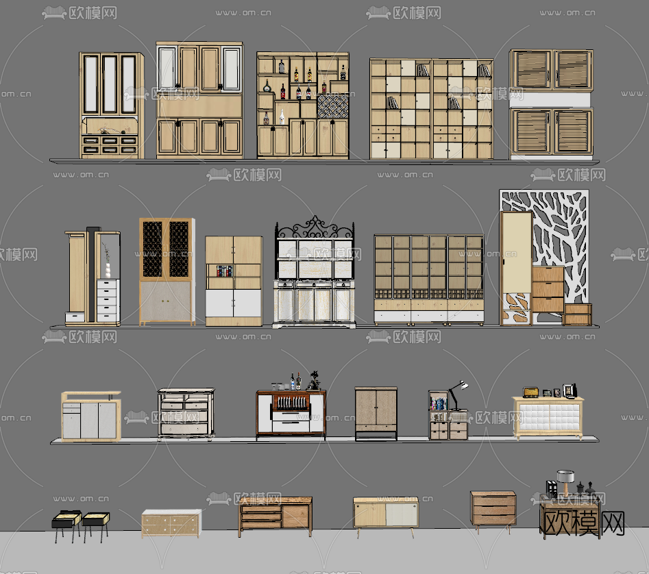 北欧实木储物柜组合su模型下载（渲染图1）