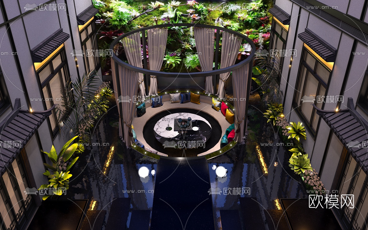 新中式酒店中庭3d模型