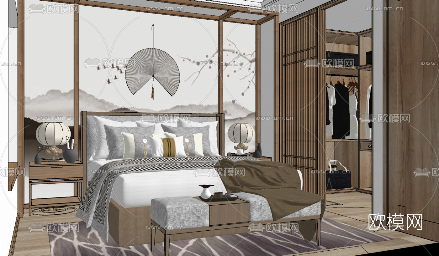新中式主人房卧室su模型下载（渲染图2）