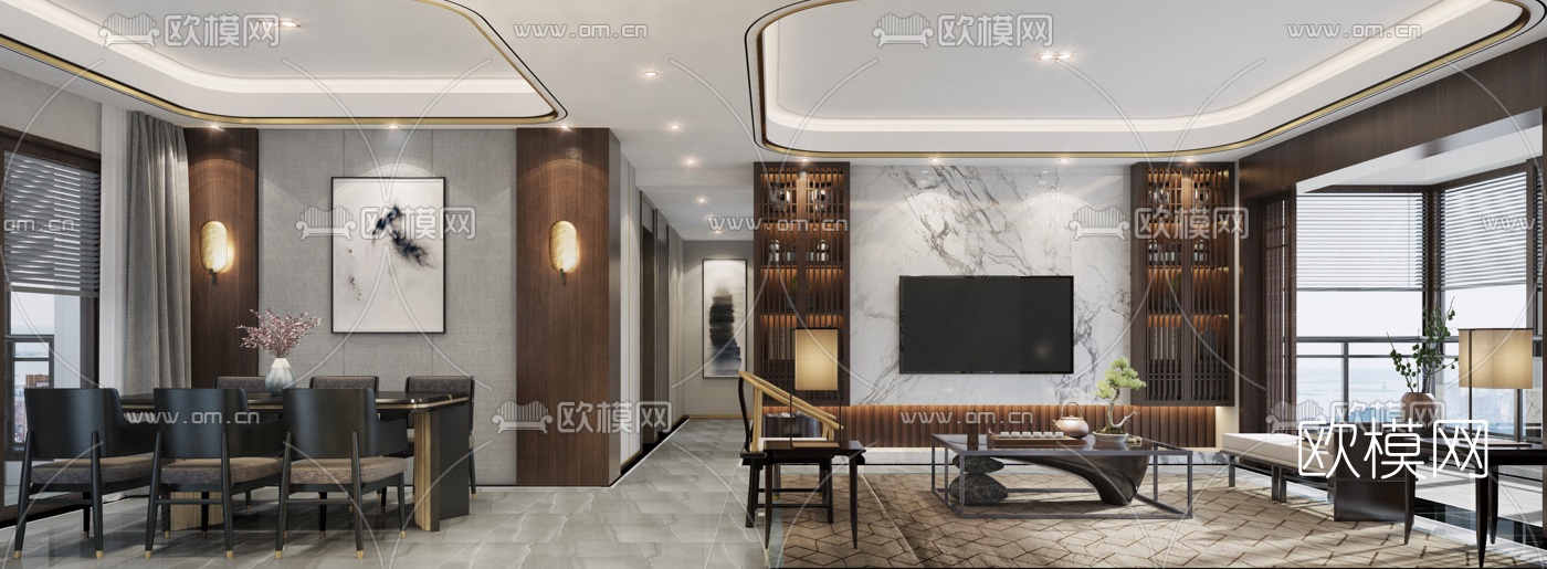 新中式客厅餐厅3d模型