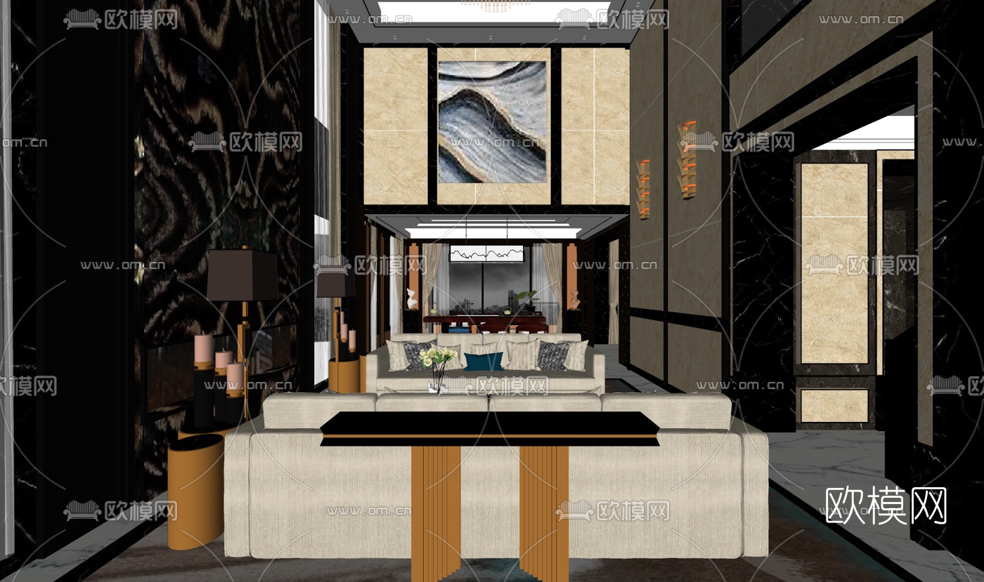 戴勇新中式别墅客厅su模型下载