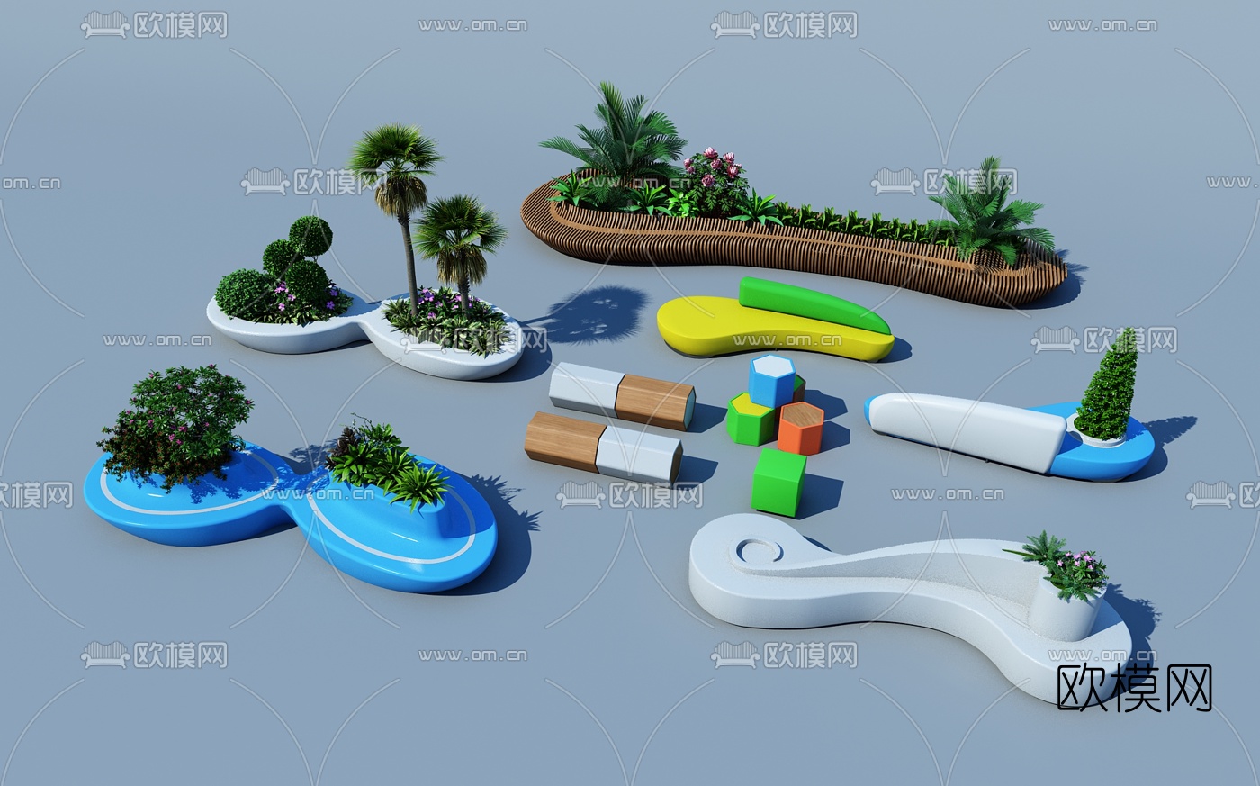 现代户外长椅组合3d模型