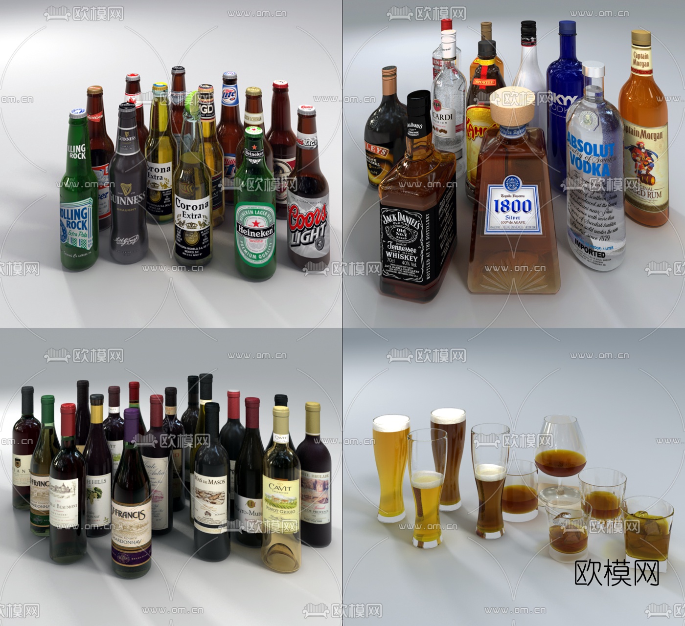 现代洋酒红酒啤酒酒杯组合3d模型下载（渲染图1）