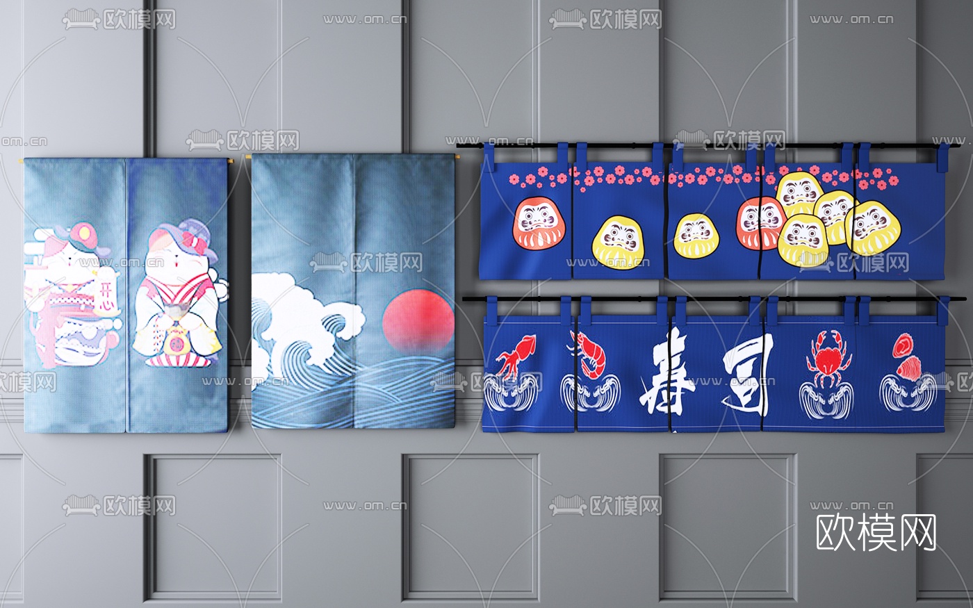 日式布艺门帘挂帘3d模型下载