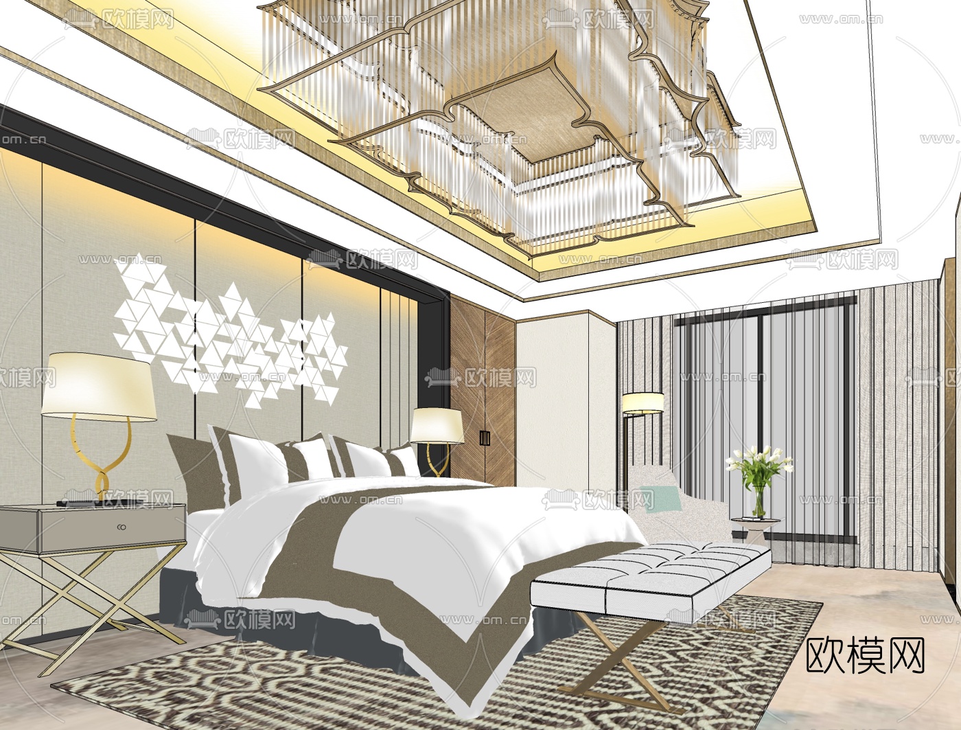 现代轻奢酒店客房su模型下载（渲染图1）