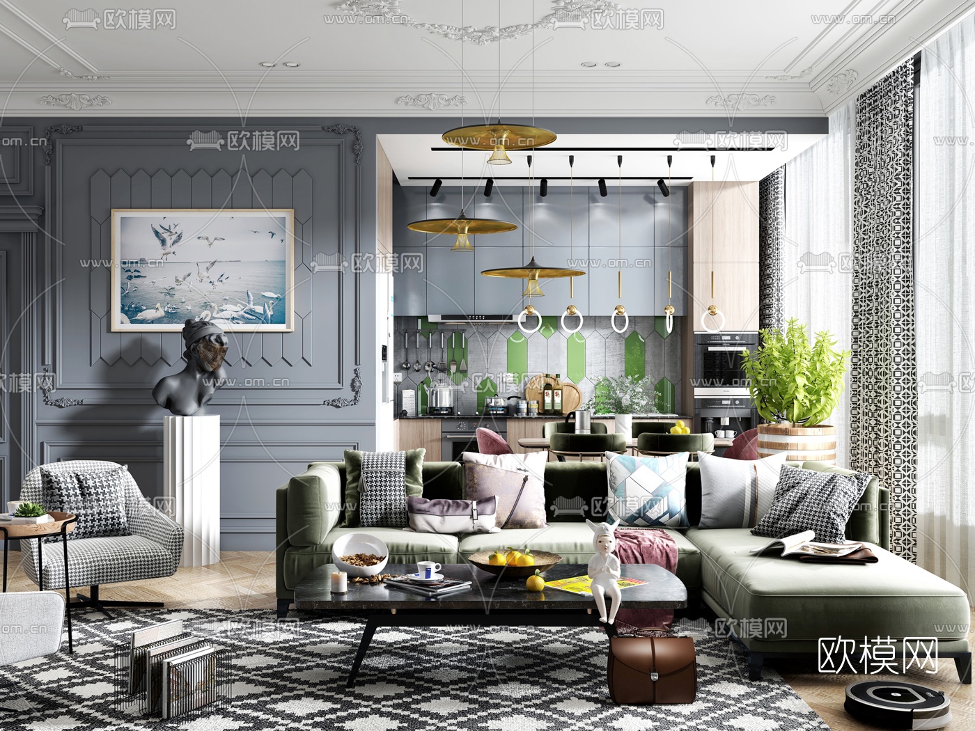 欧式轻奢客厅3d模型下载（渲染图2）
