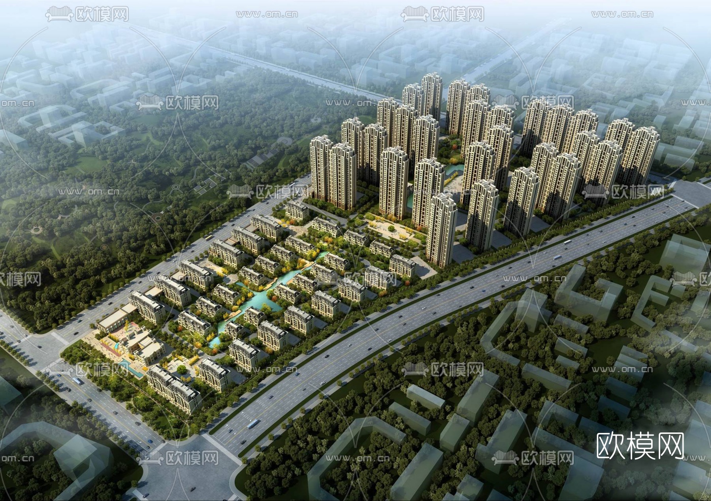 简欧高层住宅小区鸟瞰3d模型下载（渲染图1）
