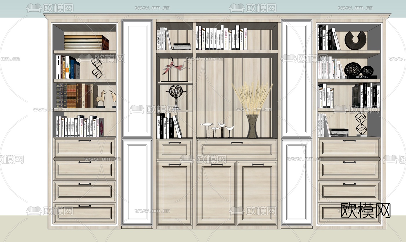 简欧实木书柜su模型下载（渲染图2）