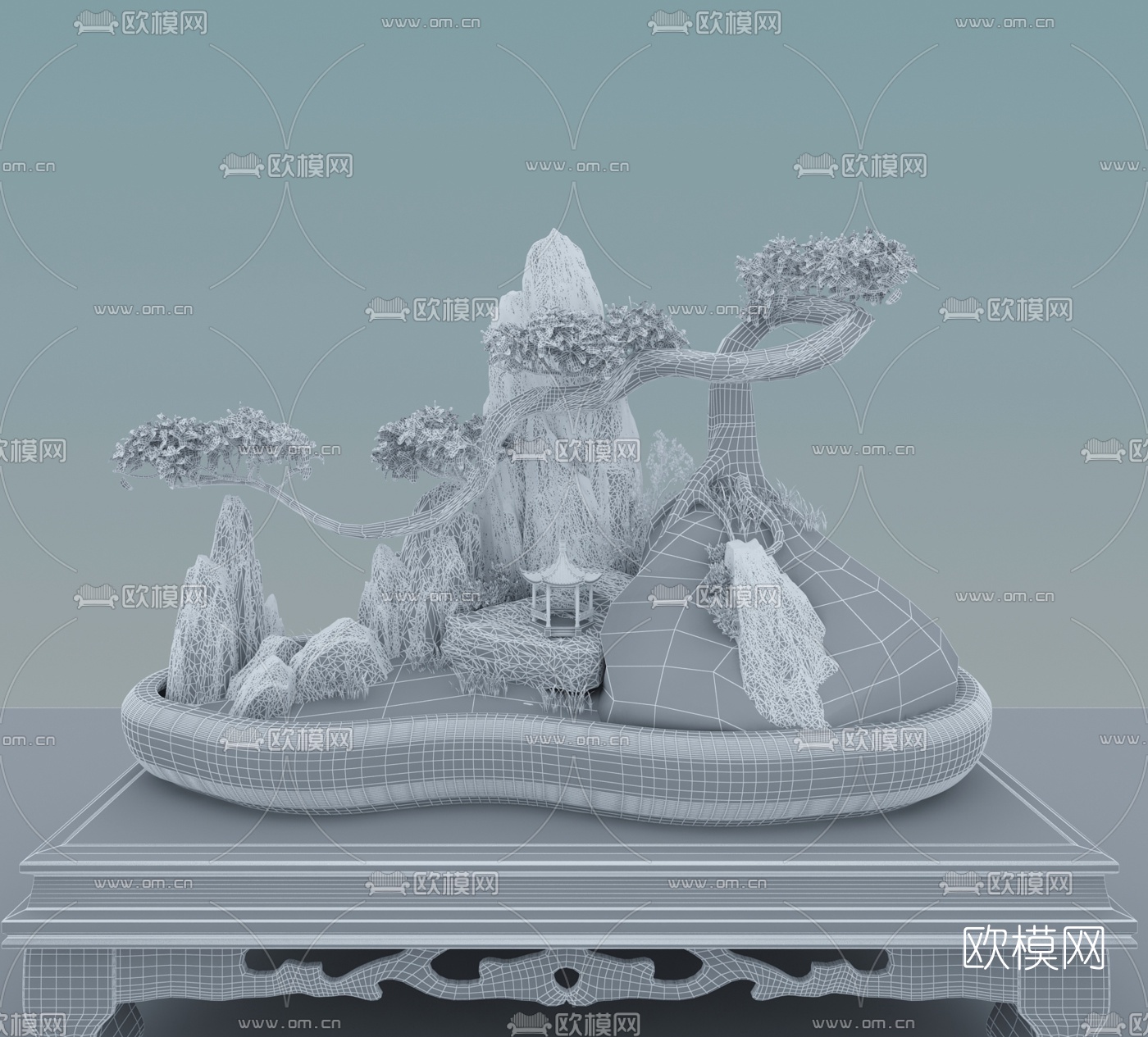 新中式假山植物盆景摆件3d模型