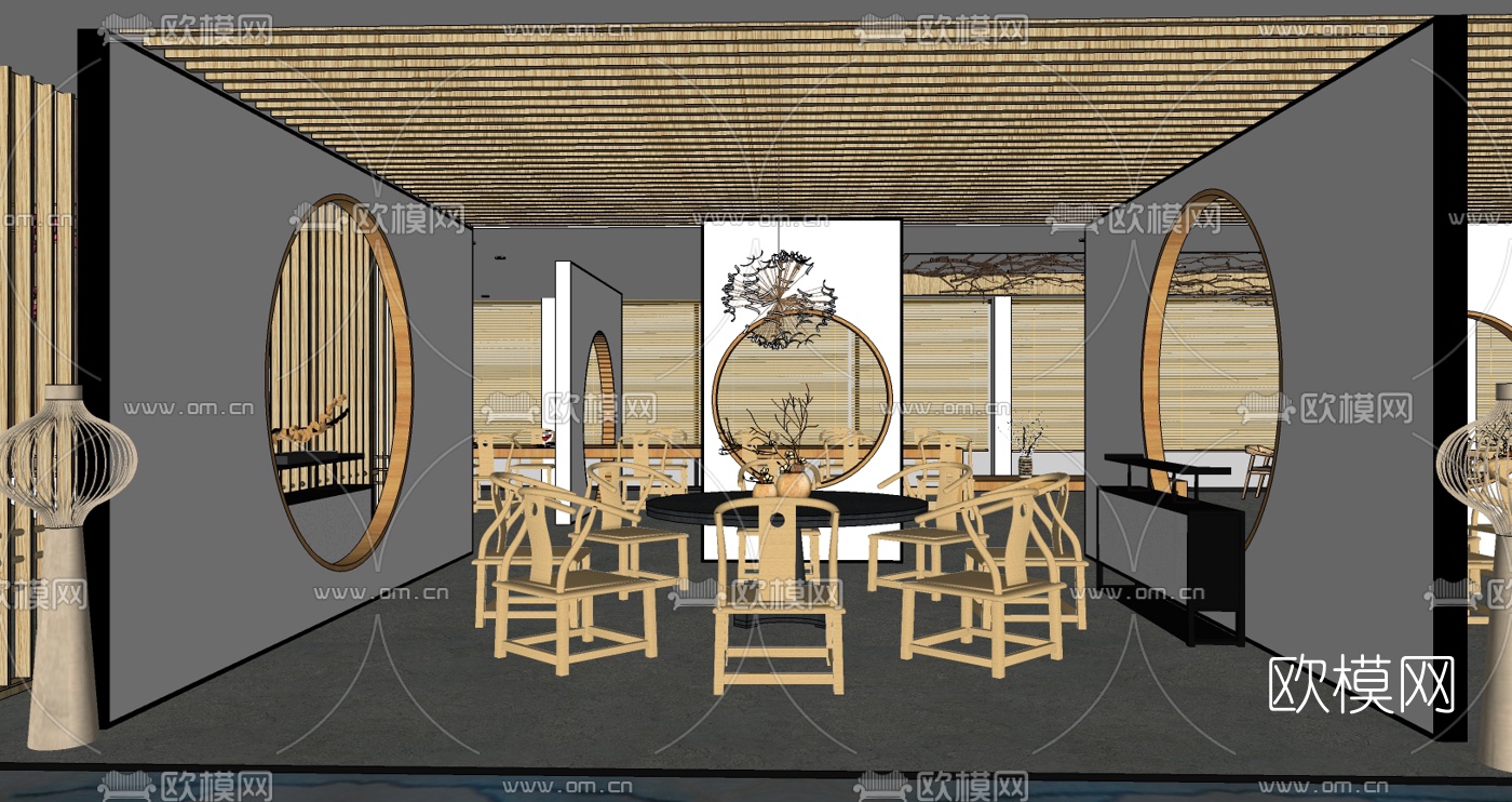 新中式中餐厅su模型下载（渲染图2）