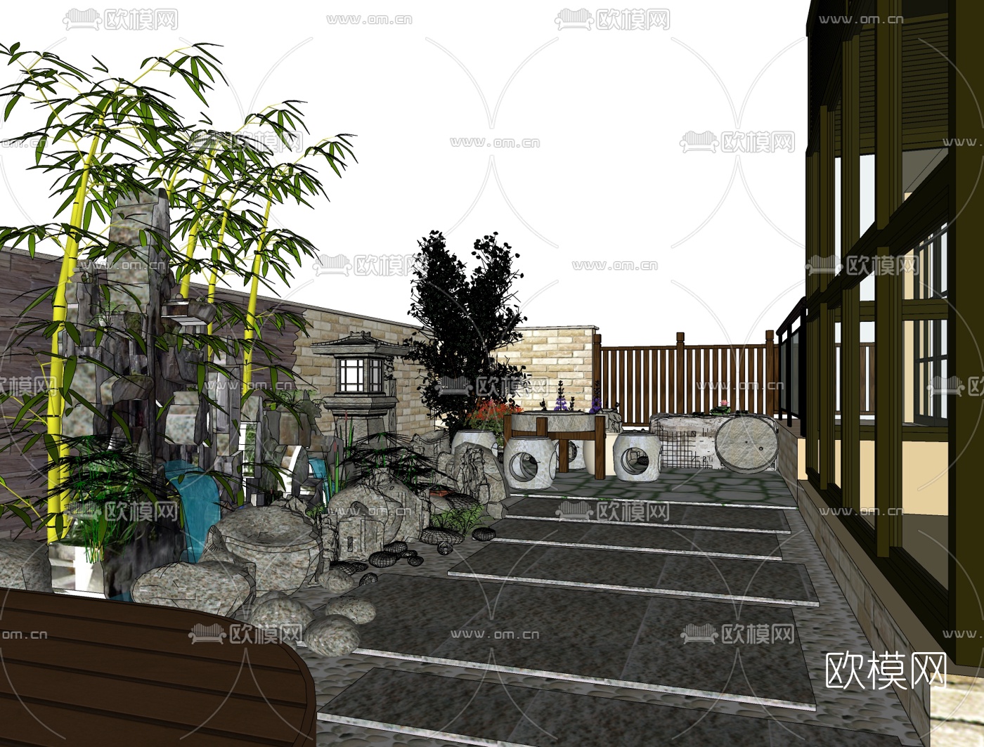中式庭院花园免费su模型下载
