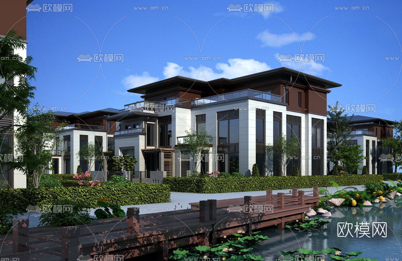 新中式别墅小区外观3d模型下载