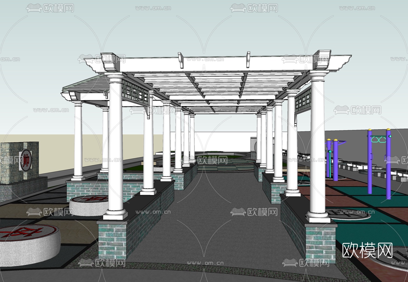 新中式廊架免费su模型下载