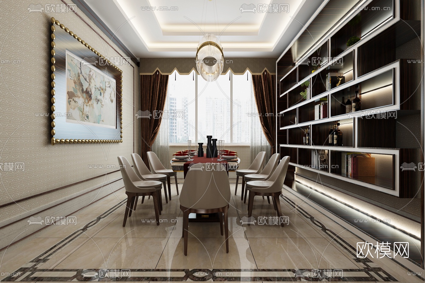 新古典轻奢客厅餐厅3d模型下载（渲染图5）