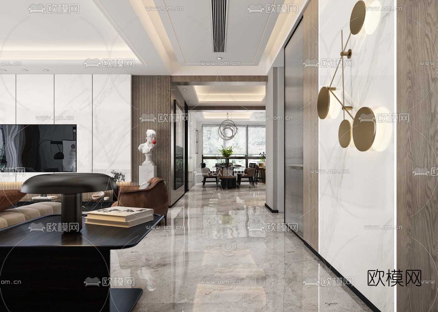 现代轻奢客厅餐厅3d模型下载（渲染图3）